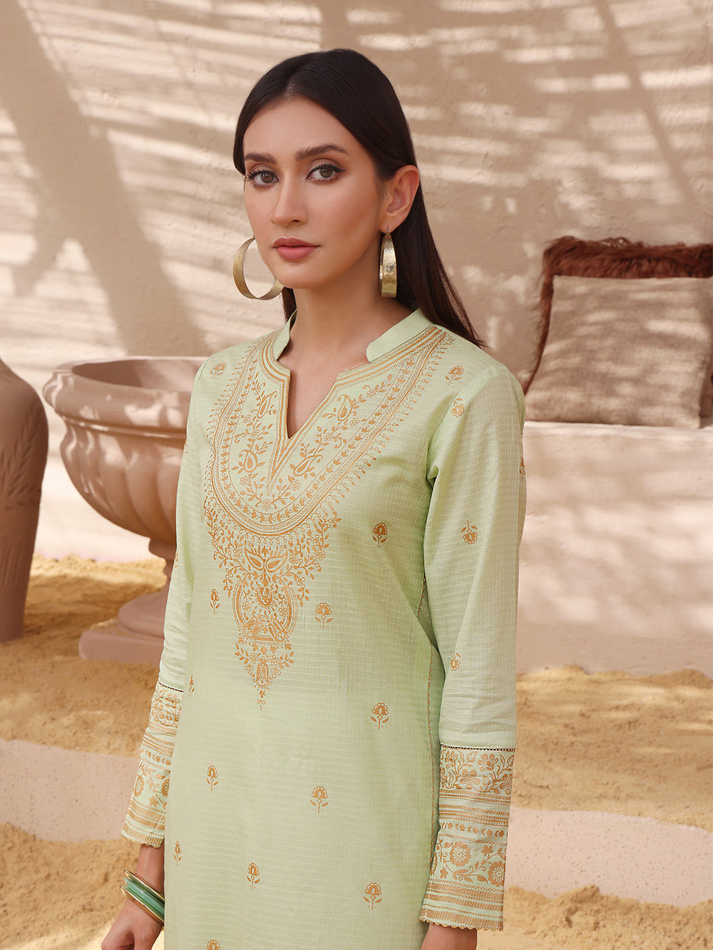 1Pc Printed Pret Kurti Dobby Green - OWKT-2308002