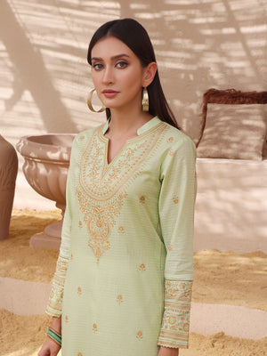 1Pc Printed Pret Kurti Dobby Green - OWKT-2308002