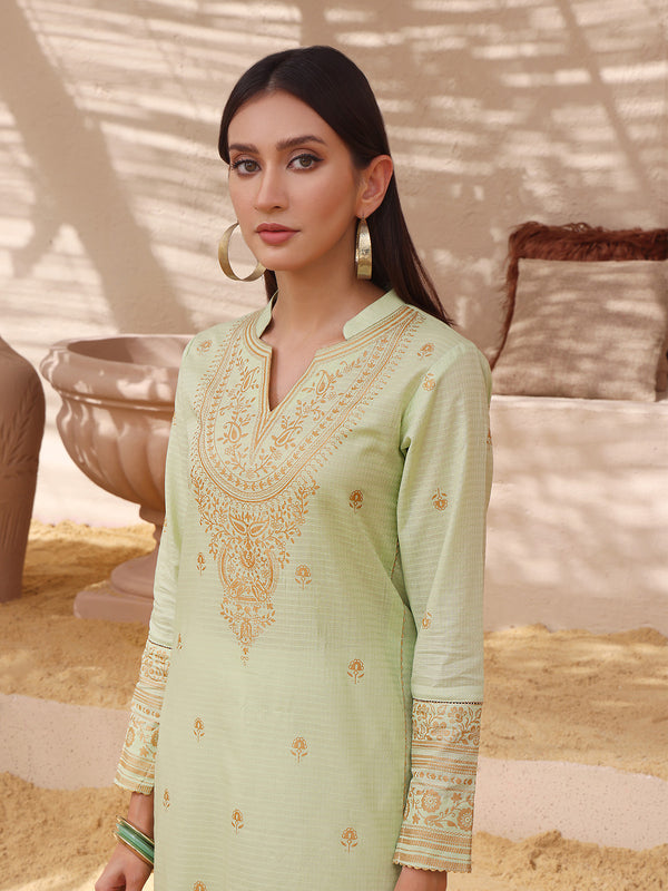 1Pc Printed Pret Kurti Dobby Green - OWKT-2308002