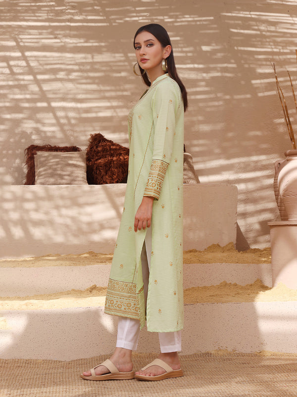 1Pc Printed Pret Kurti Dobby Green - OWKT-2308002