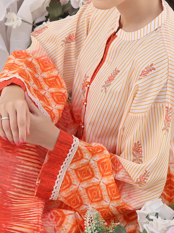 1Pc Printed Pret Kurti Lawn Orange - OWKT-2401001