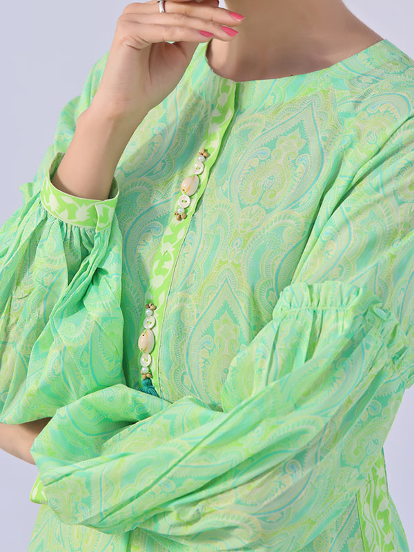 1Pc Printed Pret Kurti Lawn Lime Green - OWKT-2401005