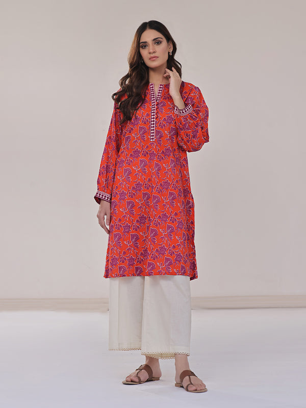 1Pc Printed Pret Kurti Lawn Orange - OWKT-2401008