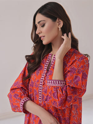 1Pc Printed Pret Kurti Lawn Orange - OWKT-2401008