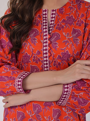 1Pc Printed Pret Kurti Lawn Orange - OWKT-2401008