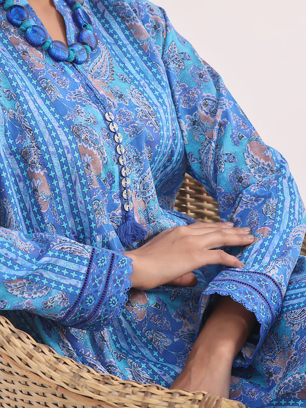 1Pc Printed Pret Kurti Lawn Blue - OWKT-2401009
