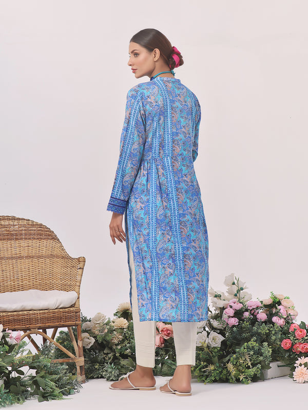 1Pc Printed Pret Kurti Lawn Blue - OWKT-2401009