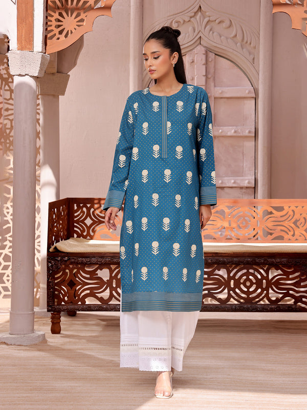 1Pc Printed Pret Kurti Lawn Teal - OWKT-2404002