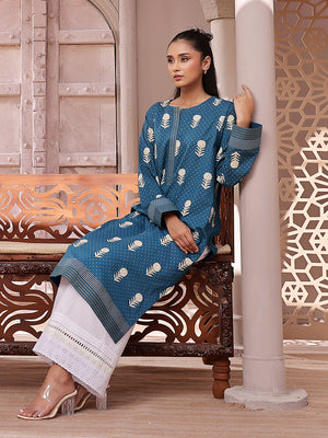 1Pc Printed Pret Kurti Lawn Teal - OWKT-2404002