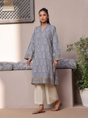 1Pc Printed Pret Kurti Lawn Grey - OWKT-2404003