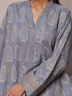 1Pc Printed Pret Kurti Lawn Grey - OWKT-2404003