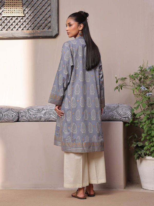 1Pc Printed Pret Kurti Lawn Grey - OWKT-2404003
