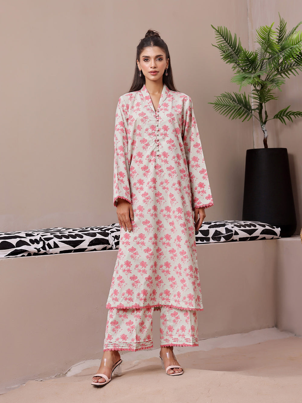 2Pc Printed Pret Shirt Trouser Lawn Beige & Pink - OW2P-2404004