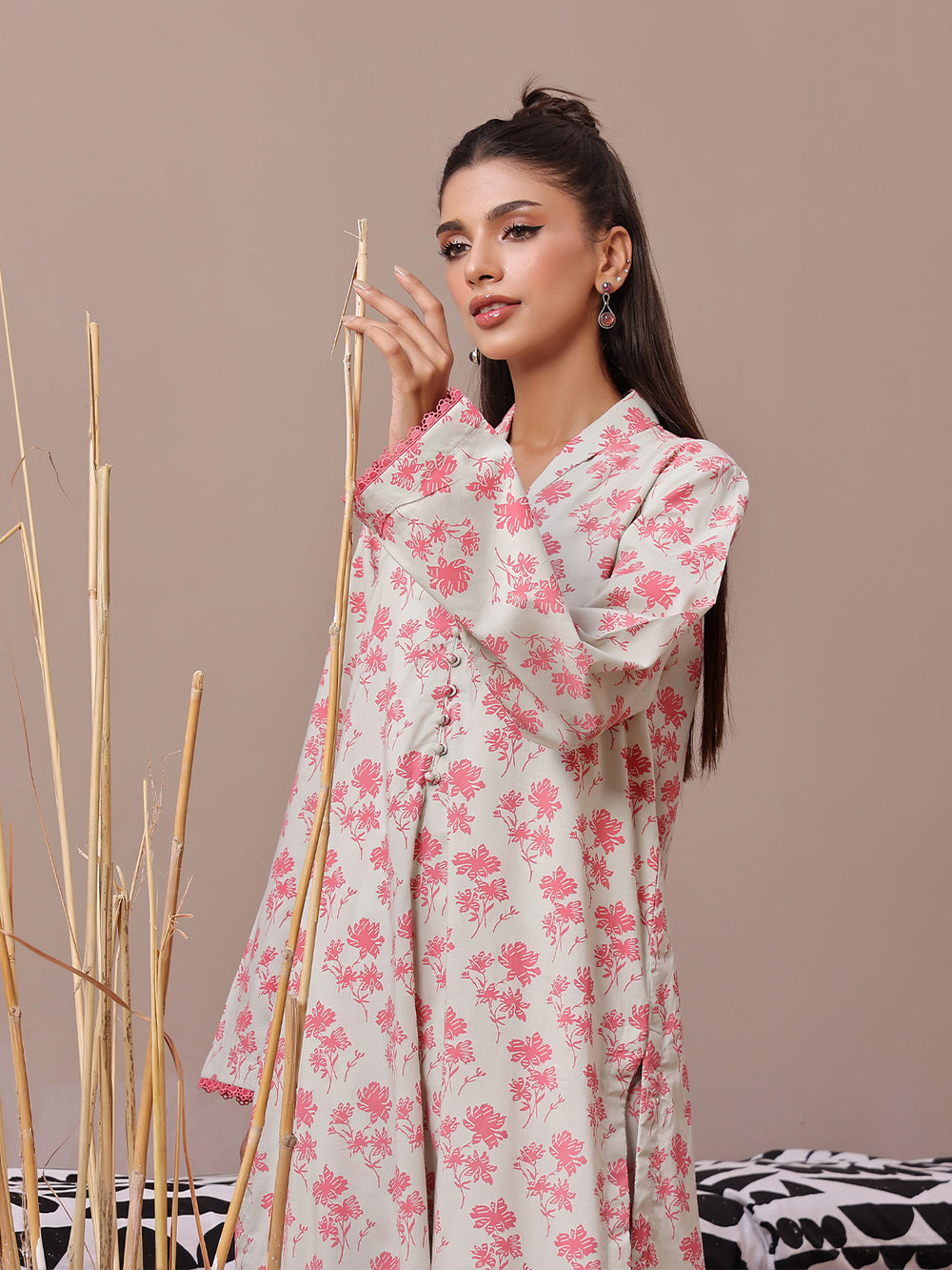 2Pc Printed Pret Shirt Trouser Lawn Beige & Pink - OW2P-2404004