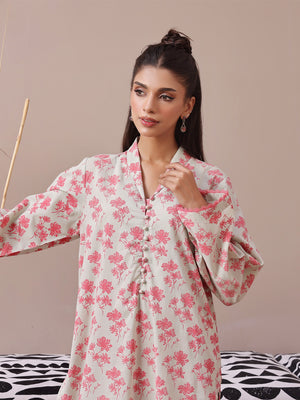 2Pc Printed Pret Shirt Trouser Lawn Beige & Pink - OW2P-2404004