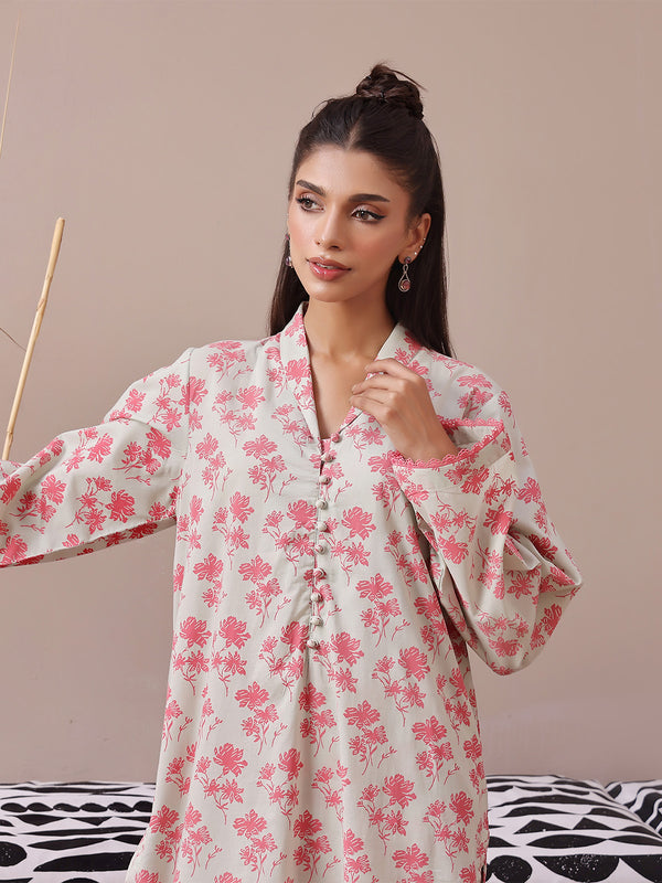 2Pc Printed Pret Shirt Trouser Lawn Beige & Pink - OW2P-2404004