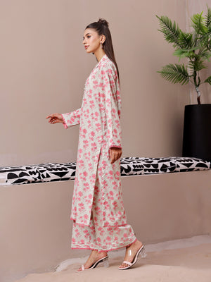 2Pc Printed Pret Shirt Trouser Lawn Beige & Pink - OW2P-2404004