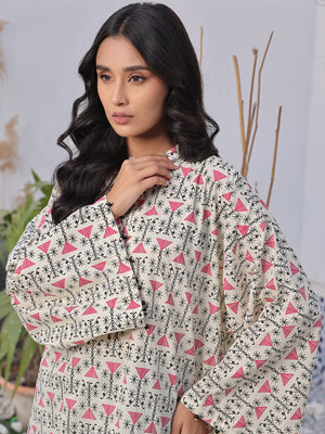1Pc Printed Pret Kurti Lawn Off White & Brown - OWKTG-2310013