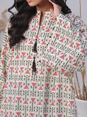 1Pc Printed Pret Kurti Lawn Off White & Brown - OWKTG-2310013