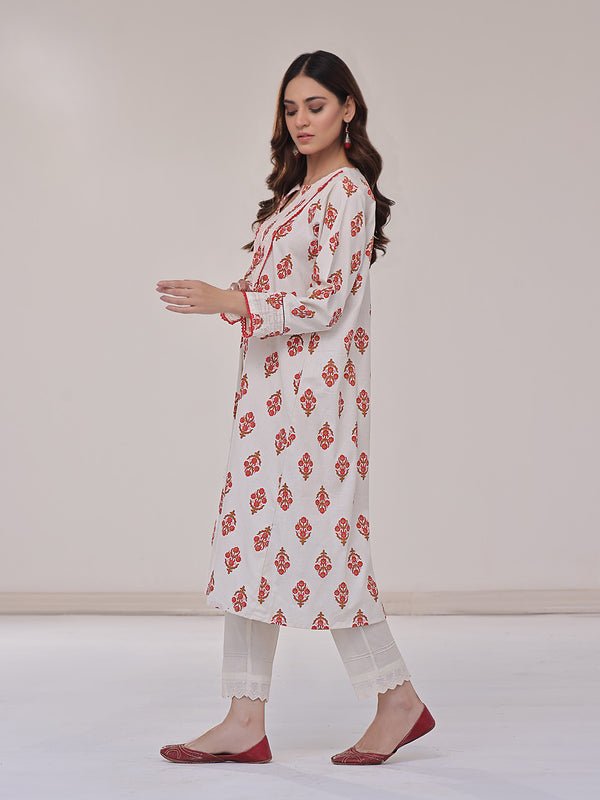 1Pc Printed Pret Kurti Lawn Off White - OWKTG-2310029-1