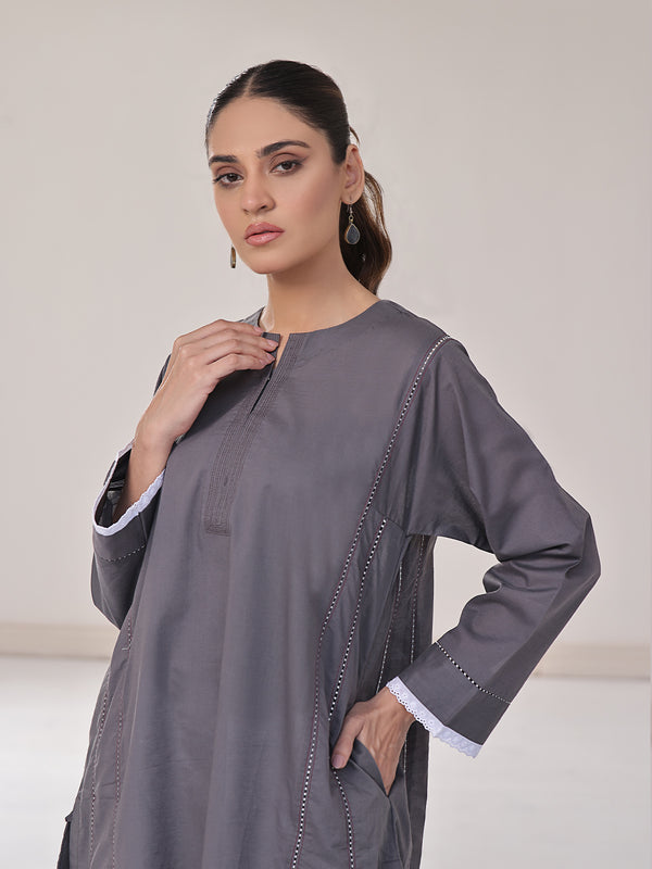 1Pc Solid Pret Kurti Lawn Dark Grey - OWKTG-2309030