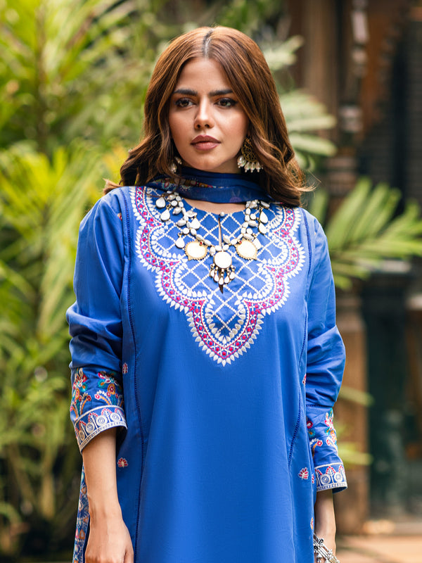 3Pc Embroidered Unstitched Cambric Blue - ODCE3P-6105-A