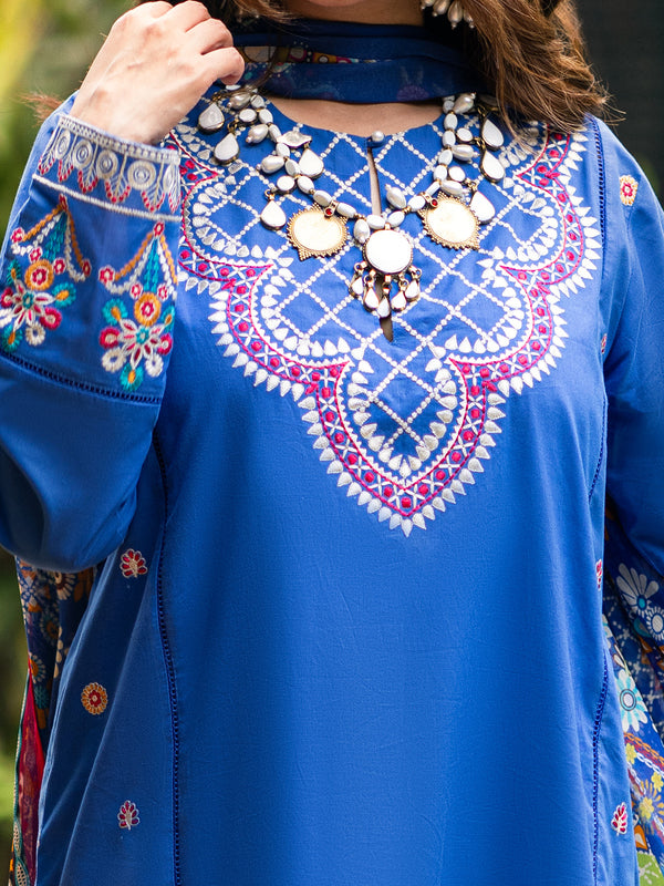 3Pc Embroidered Unstitched Cambric Blue - ODCE3P-6105-A