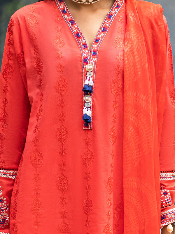 3Pc Embroidered Unstitched Cambric Pink & Orange - ODCE3P-6112-A