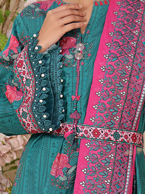 2Pc Printed Unstitched Dobby Dark Green - OLED2P-6195-A