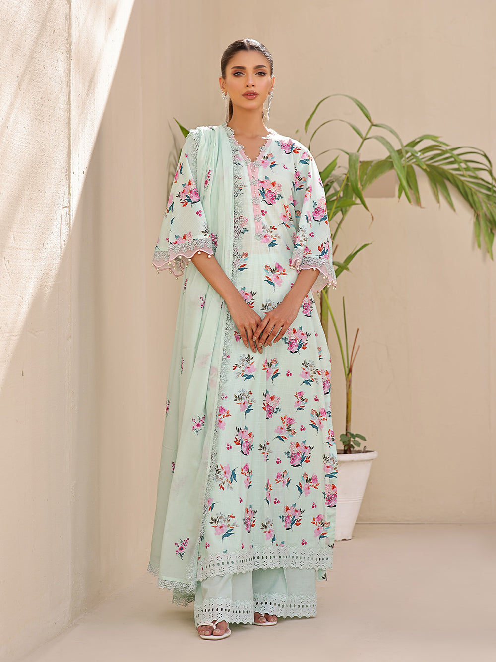 3Pc Printed Unstitched Dobby Light Green - OLED3P-6178-A