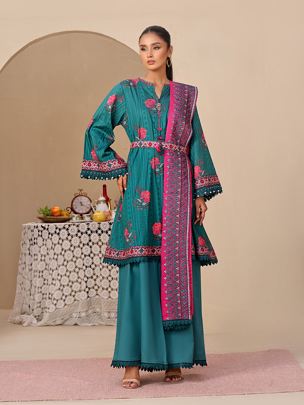 3Pc Printed Unstitched Dobby Dark Green - OLED3P-6195-A