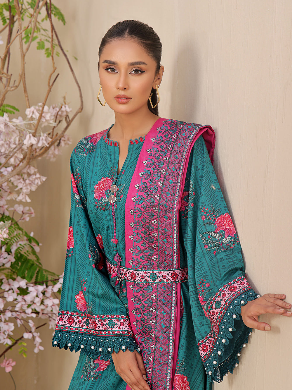 3Pc Printed Unstitched Dobby Dark Green - OLED3P-6195-A