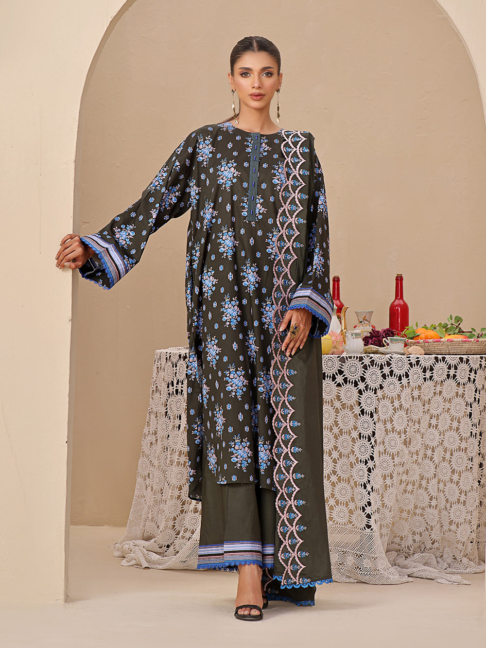 3Pc Printed Unstitched Dobby Blackish - OLED3P-6200-A