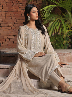 3Pc Embroidered Unstitched Dobby Beige - OLEDC3P-7001-A