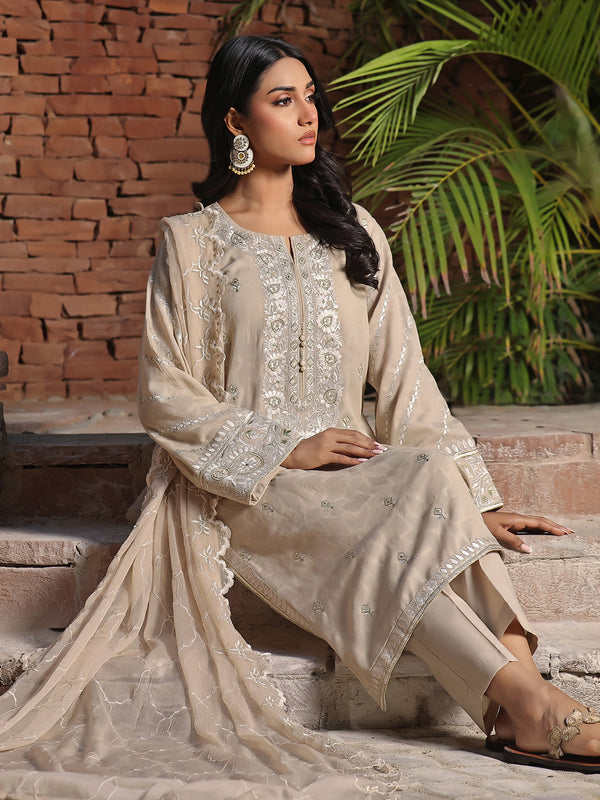 3Pc Embroidered Unstitched Dobby Beige - OLEDC3P-7001-A