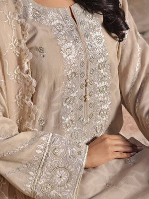 3Pc Embroidered Unstitched Dobby Beige - OLEDC3P-7001-A