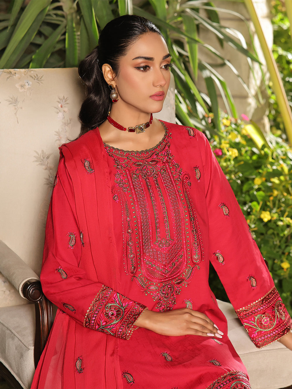 3Pc Embroidered Unstitched Dobby Red - OLEDC3P-7002-A