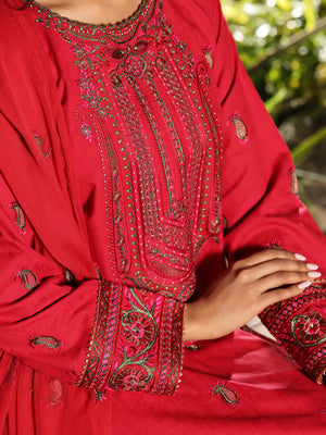 3Pc Embroidered Unstitched Dobby Red - OLEDC3P-7002-A