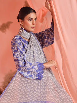 3Pc Embroidered Unstitched Lawn Grey & Blue - OLEC3P-6140-A