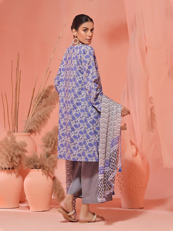 3Pc Embroidered Unstitched Lawn Grey & Blue - OLEC3P-6140-A