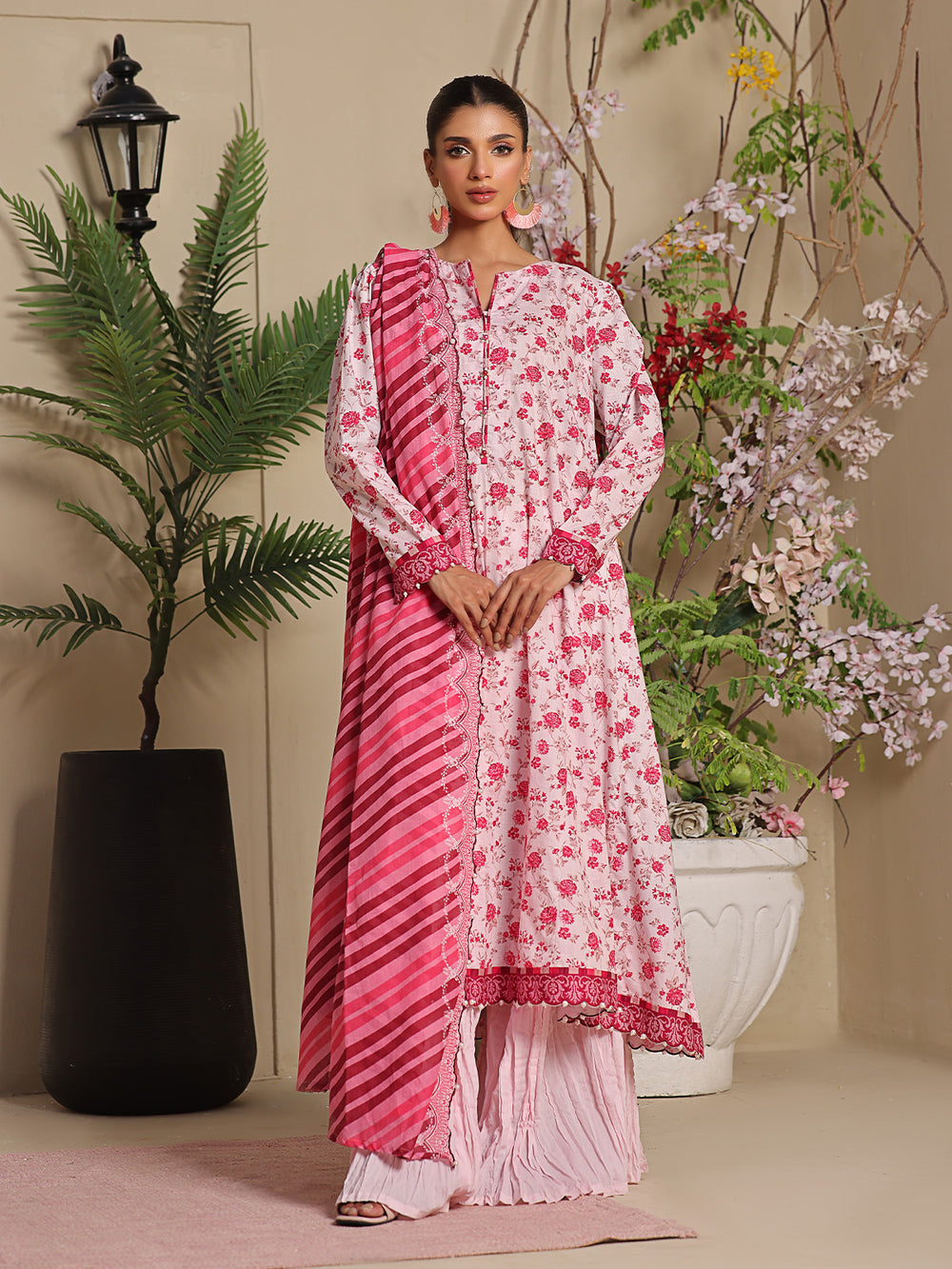 3Pc Printed Unstitched Dobby Orange - OLD3P-6210-B