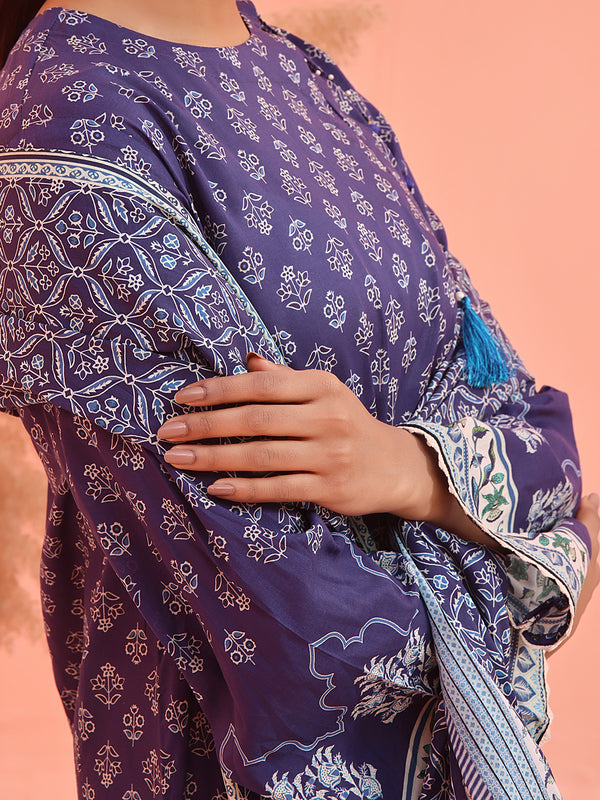 2Pc Printed Unstitched Lawn Blue - OL2P-6158-A
