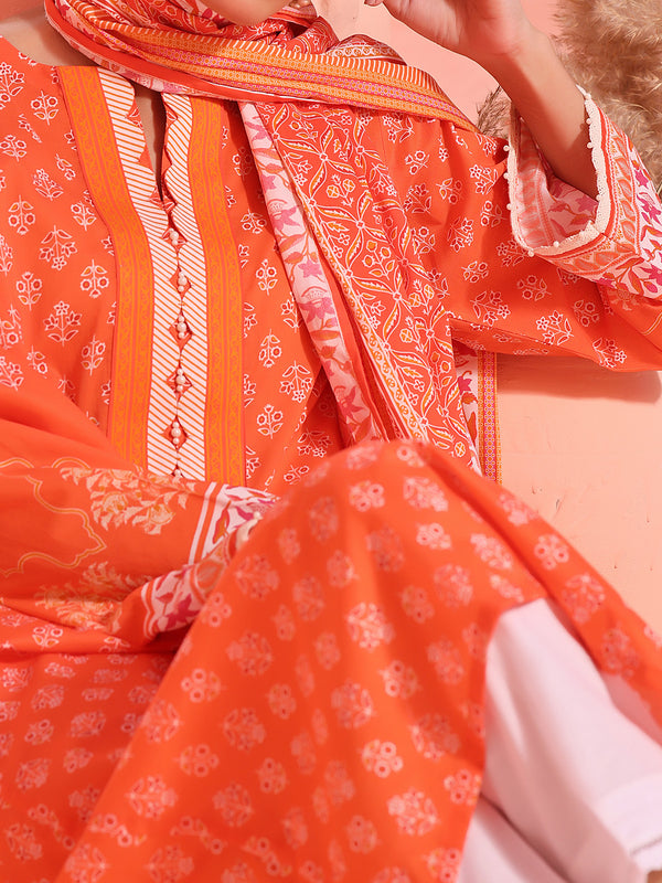 2Pc Printed Unstitched Lawn Orange - OL2P-6158-B