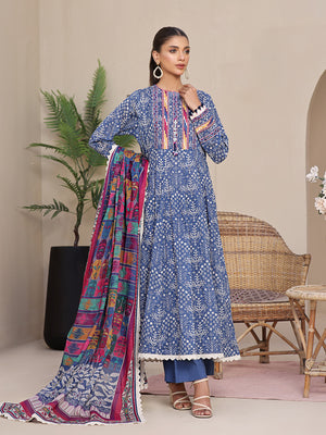 2Pc Printed Unstitched Lawn Blue - OL2P-6207-A