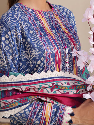 2Pc Printed Unstitched Lawn Blue - OL2P-6207-A