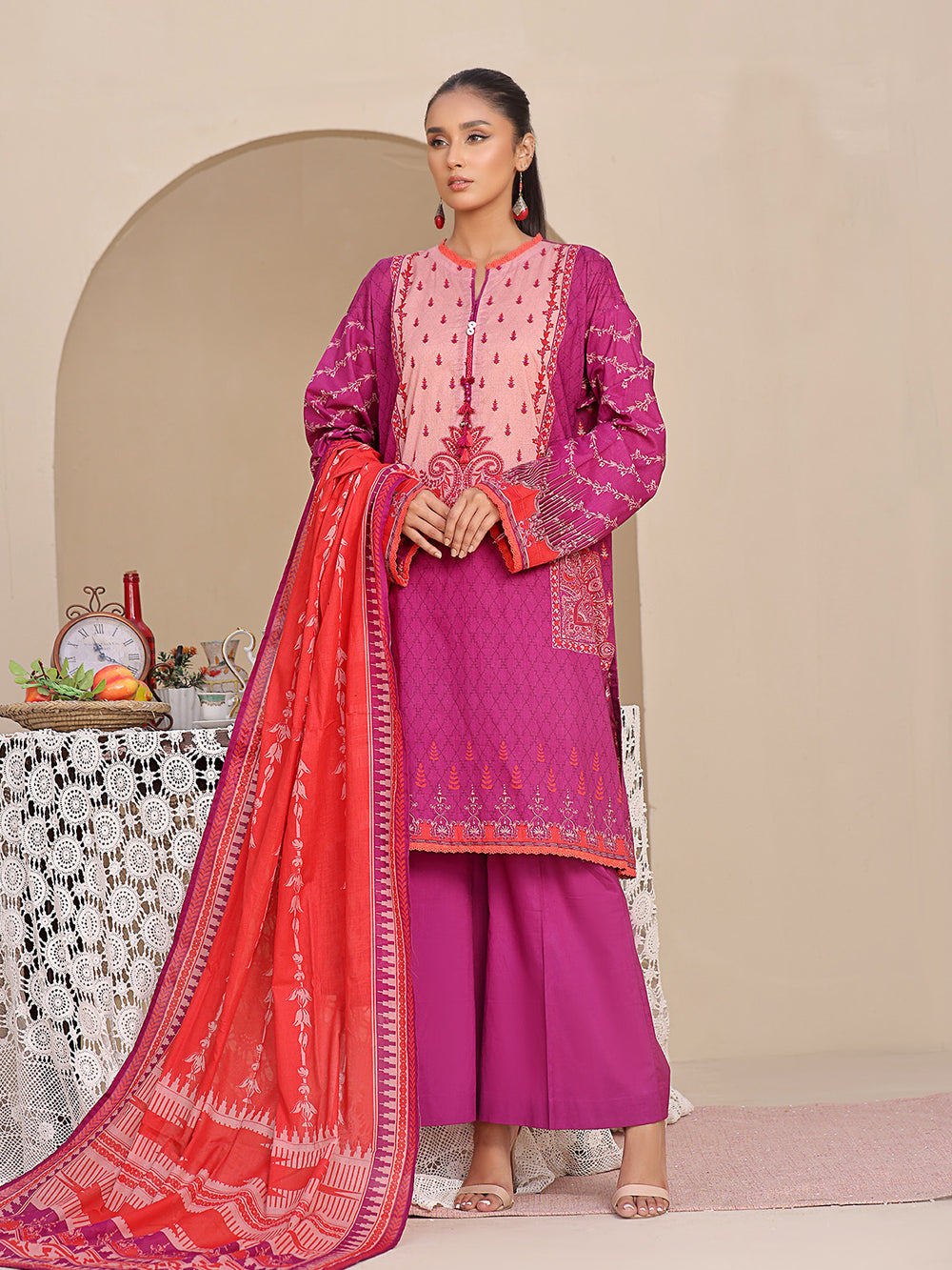 2Pc Printed Unstitched Lawn Magenta - OL2P-6208-A-1