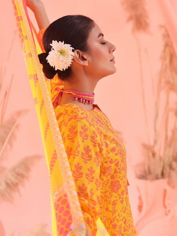 3Pc Printed Unstitched Lawn Yellow - OL3P-6151-A