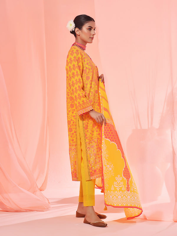 3Pc Printed Unstitched Lawn Yellow - OL3P-6151-A