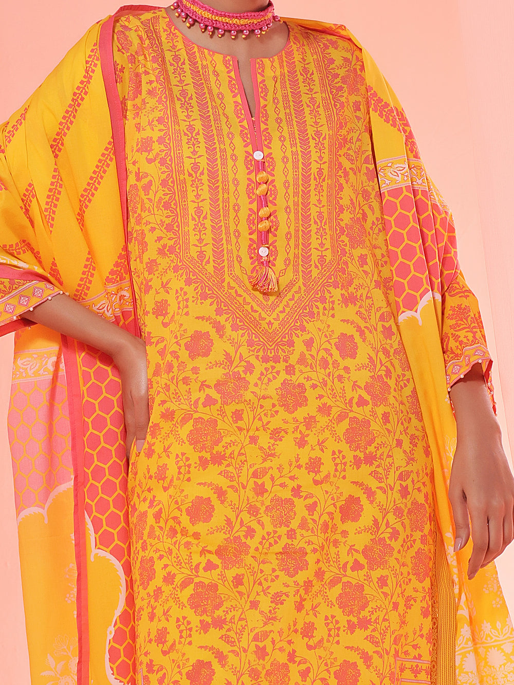 3Pc Printed Unstitched Lawn Yellow - OL3P-6151-A