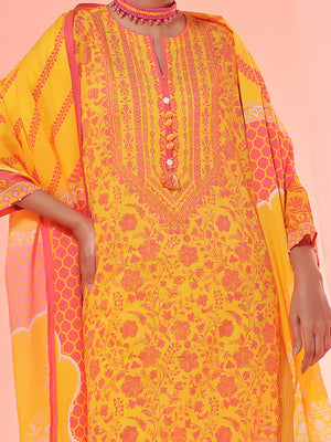 3Pc Printed Unstitched Lawn Yellow - OL3P-6151-A